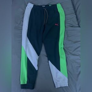 Puma green, grey, and white sweatpants